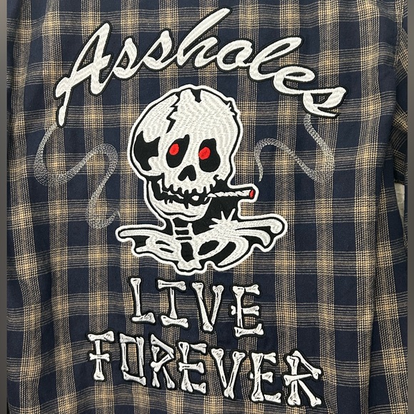 Assholes Live Forever Smoking Skull Flannel Size L - Picture 6 of 6